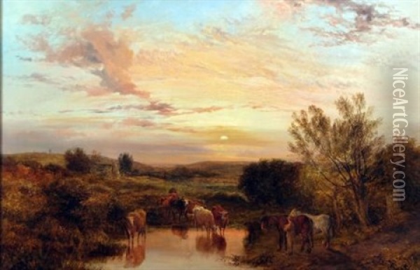 Country Landscape With Cattle Watering, Figure And Horses Nearby Oil Painting - George Shalders