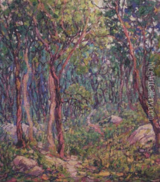 Wooded Forest Scene Oil Painting - Kathryn E. Bard Cherry