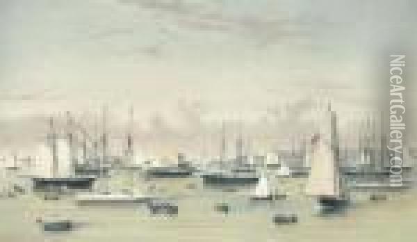 The Yacht Squadron At Newport, Rhode Island Oil Painting - Currier & Ives Publishers