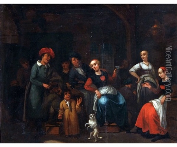 Interior Scene With Figures And Dancing Dog Oil Painting - Bernardus Van Schendel