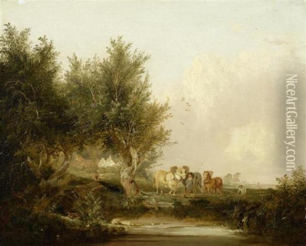 Peasants Working The Fields With Horses Oil Painting - Henry John Boddington