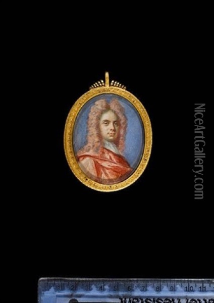 Nicola Francesco Haim (haym), Wearing Pale Crimson Cloak, White Jabot And Full-bottomed Powdered Wig Oil Painting - Benjamin Arlaud