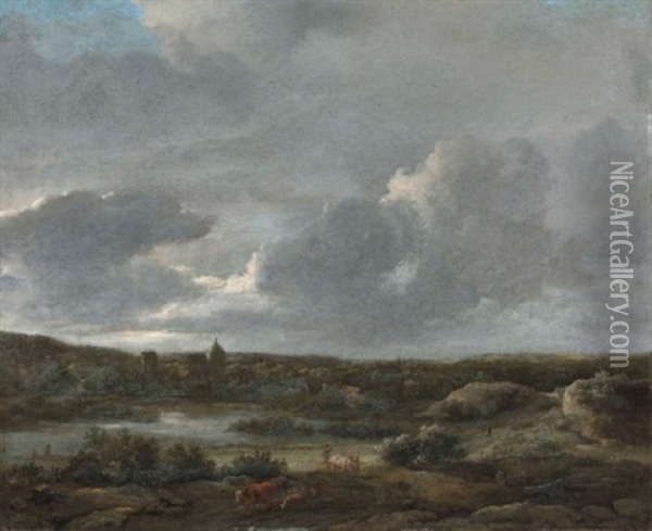 An Extensive Wooded Landscape With A Village Near A Lake Oil Painting - Jacob Van Ruisdael