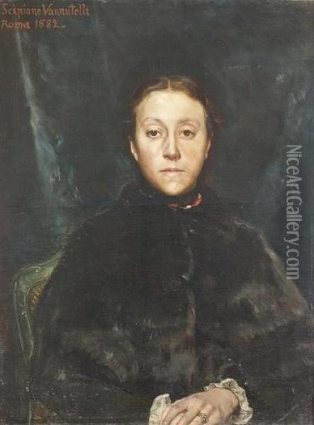 Portrat Einer Jungen Dame In Elegantem Schwarzen Kleid. Oil Painting - Scipione Vannutelli