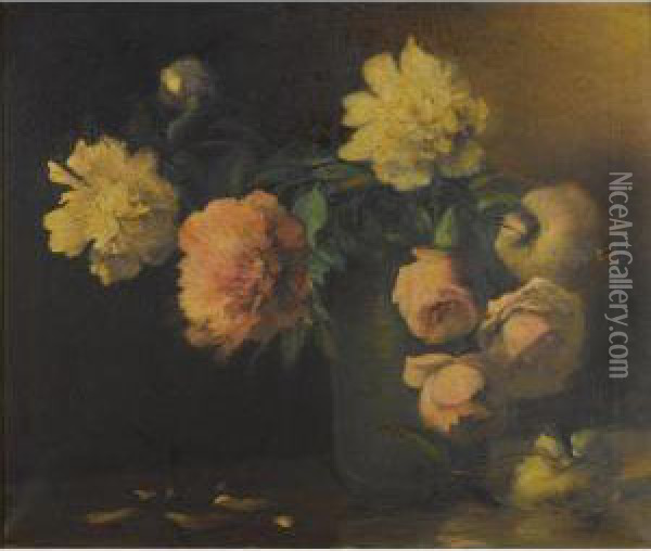 Peonies And Roses In A Green Vase Oil Painting - Charles Ethan Porter
