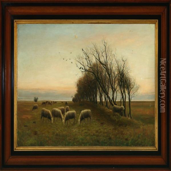 Fall Scenery With Grazing Sheep Oil Painting - Soren Christiansen