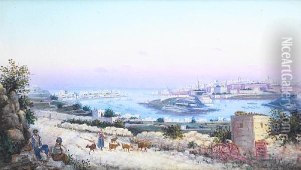 Marsamxett Harbour From Sliema Oil Painting - Luigi Maria Galea