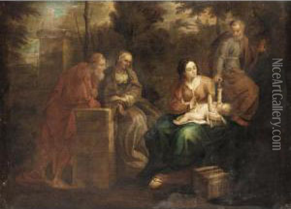 The Holy Family With Two Saints Probably Joachim And Anna Oil Painting - Cornelis Huysmans