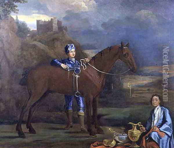 Portrait of a Racehorse and Jockey, c.1690 Oil Painting - Johann Closterman