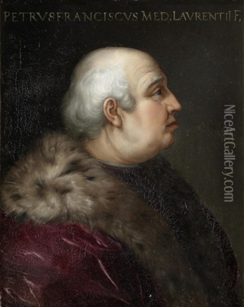 Portrait Of A Gentleman, Traditionally Identified As Pier Francesco De Medici, Bust-length, In A Fur-collared Crimson Coat Oil Painting - Cristofano di Papi dell' Altissimo