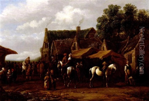 Reiter Und Bauern In Einem Hollandischen Dorf Oil Painting - Barend Gael
