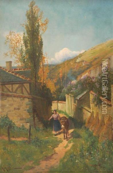 Peasant Woman Leading A Donkey On A Hillside Lane Oil Painting - Arthur Walker Redgate