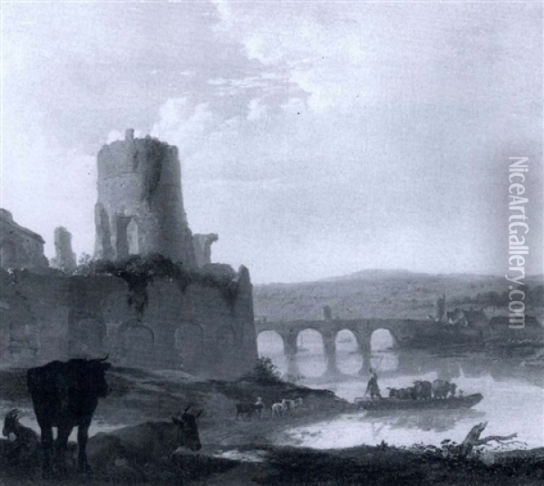 Cattle On A Ferry Crossing A River In An Italianate         Landscape Oil Painting - Adam Pynacker