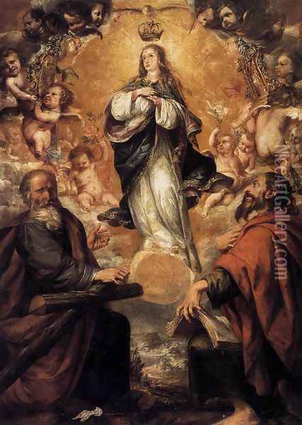 Virgin of the Immaculate Conception with Sts Andrew and John the Baptist 1650-52 Oil Painting - Juan De Valdes Leal