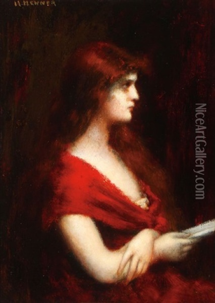 Woman In Red Oil Painting - Jean Jacques Henner