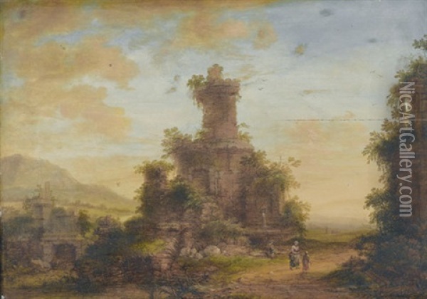 Idyllische Landschaft Mit Ruinen Und Staffage Oil Painting - Franz Schuetz