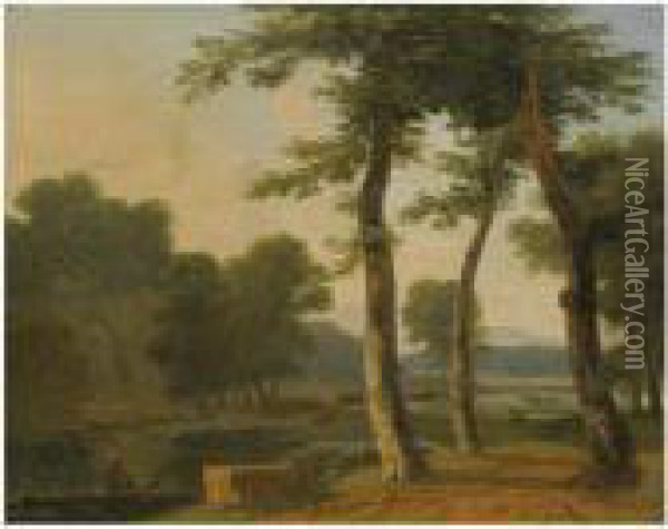 A Pastoral River Landscape With A Figure Beside A Path In Theforeground Oil Painting - Jean-Victor Bertin