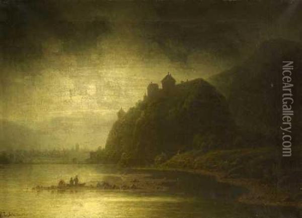 Nachtliche Uferlandschaft Mit Burg Oil Painting - Wilhelm Lichtenheld