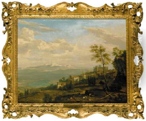 An Extensive Italianate Landscape With Shepherds And Shepherdesses Resting Before A Hilltop Town Oil Painting - Isaac de Moucheron