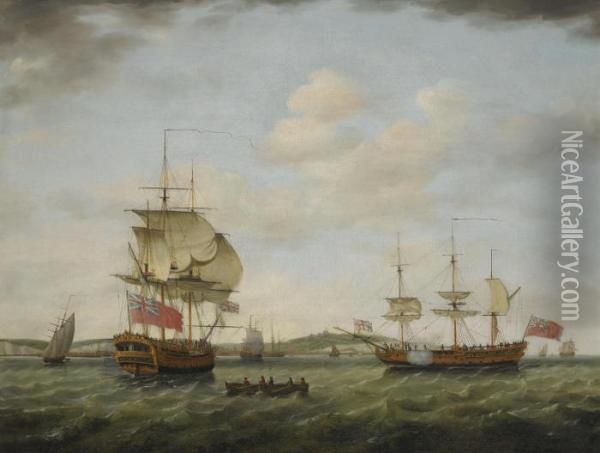 A British Sixth Rate Man Of War Off Dover, In Two Positions Oil Painting - Francis Holman