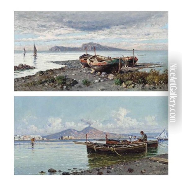 A Fisherman Tending To His Nets On The Bay Of Naples, Vesuvius Beyond And Boats On The Shore, Capri Beyond (pair) Oil Painting - Giuseppe Carelli