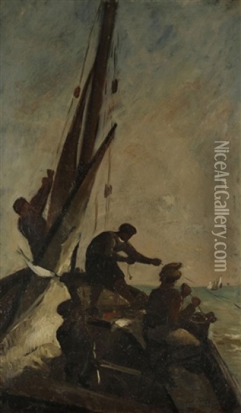 Pecheurs A Bord D'un Bateau Oil Painting - Karl Pierre Daubigny