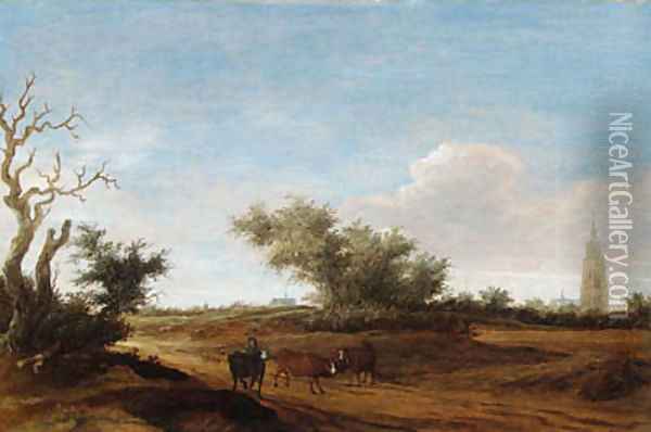A landscape with a shepherd and cattle on a path Oil Painting - Salomon van Ruysdael