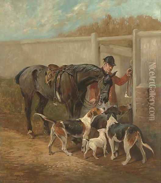 The End of the Day a huntsman returning to kennels Oil Painting - John Emms