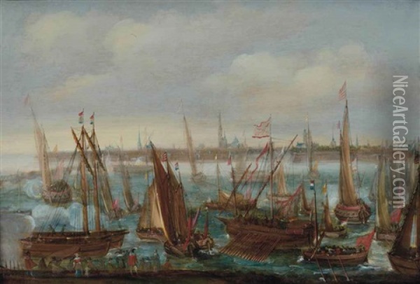 View Of The Port Of Antwerp During The Celebrations Of The Taking Of Breda Oil Painting - Bonaventura Peeters the Elder