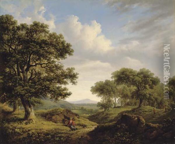Wooded Landscape With A Figure Resting By A Path In The Foreground Oil Painting - James Arthur O'Connor