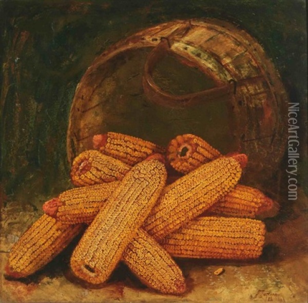 A Still Life Of Overturned Bent Wood Basket Spilling Ears Of Corn Oil Painting - Alfred Montgomery