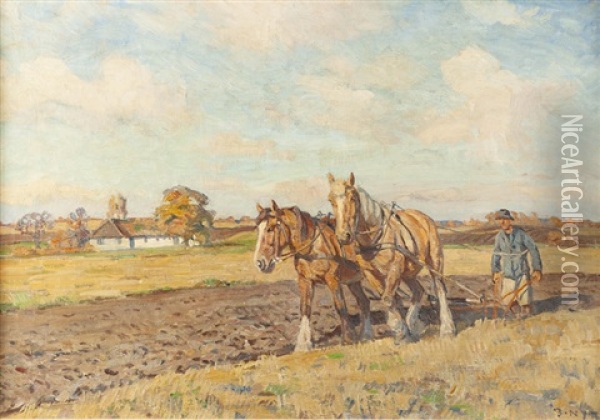 Man Plowing A Field With Horses Oil Painting - Borge Christoffer Nyrop