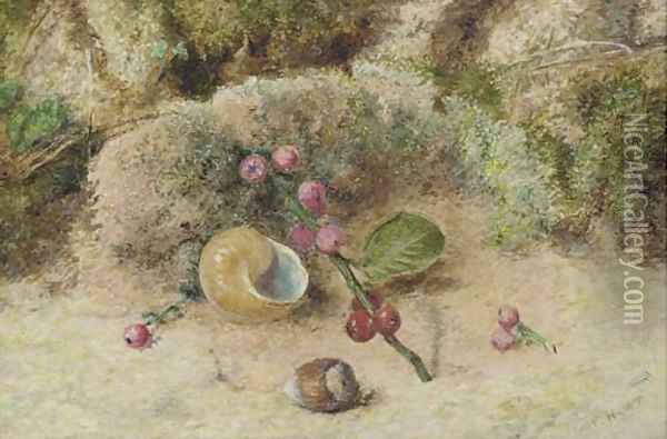 Still life of a shell and berries on a mossy bank Oil Painting - William Henry Hunt