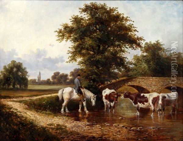 Cattle Watering With Farmer On A Horse At A Riverside Oil Painting - Samuel Joseph Clark