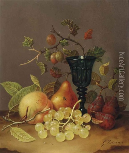 A Peach, White Grapes, A Pear, Gooseberries And A Glass Oil Painting - Gijsberta Verbeet