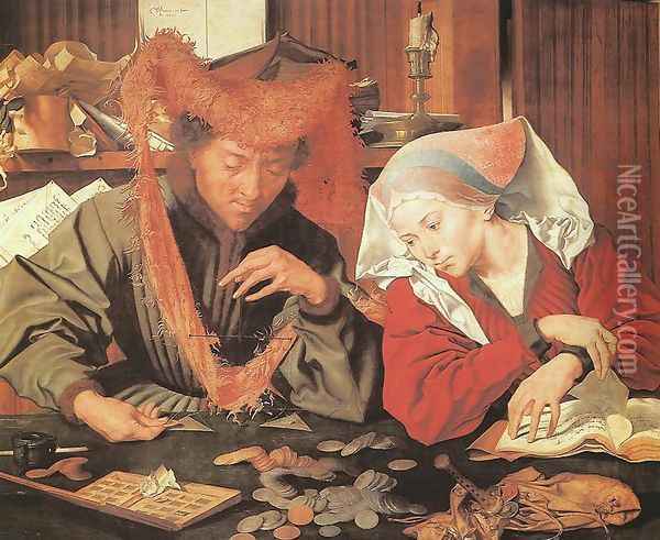Money-Changer and his Wife 1539 Oil Painting - Marinus van Reymerswaele