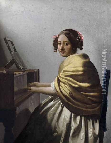 Young Woman Seated at the Virginals c. 1670 Oil Painting - Jan Vermeer Van Delft