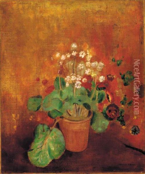 Fleurs En Pot Sur Fond Rouge Oil Painting - Odilon Redon