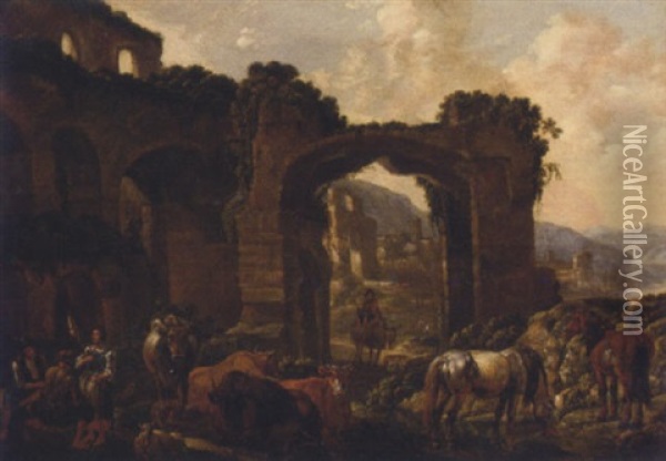 Drovers With Their Cattle At Halt Beneath Classical Ruins Oil Painting - Cajetan Roos