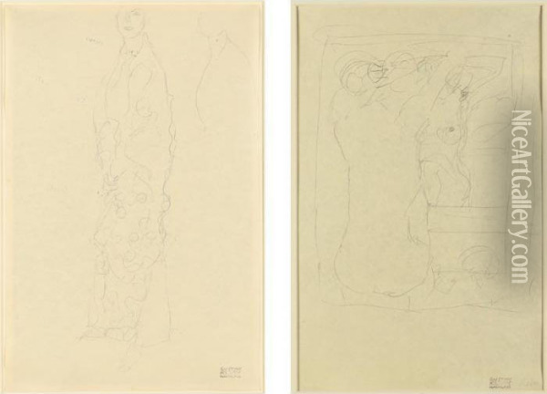 In Ganzer Figur, Wiederholung 
Von Kopf Und Brust And Sitzender Akt Vor Dem Spiegel : A Double-sided 
Drawing (whole Figure, Head And Chest And Seated Nude In Front Of A 
Mirror) Oil Painting - Gustav Klimt