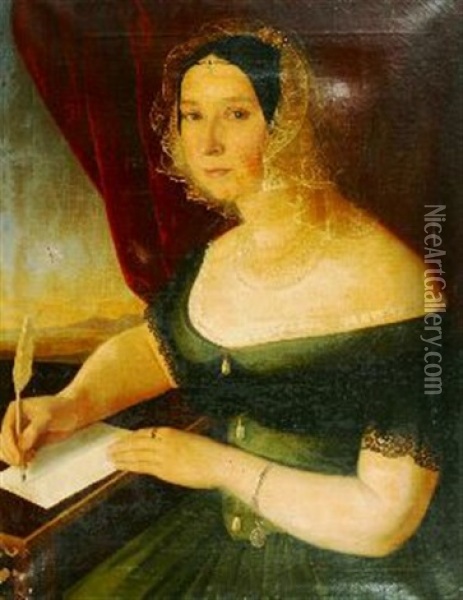 Portrait Of Zsofia Berzeviczy De Berzevicze Seated At Her Writing Desk, Half Length Wearing A Green Dress Oil Painting - Jozef Bozetech Klemens
