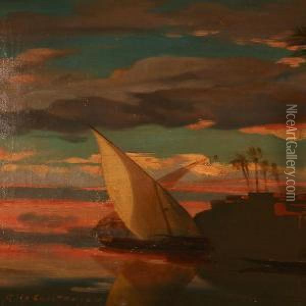 Egyptian Coastal Scene From The Nile Oil Painting - Andreas Christian Riis Carstensen