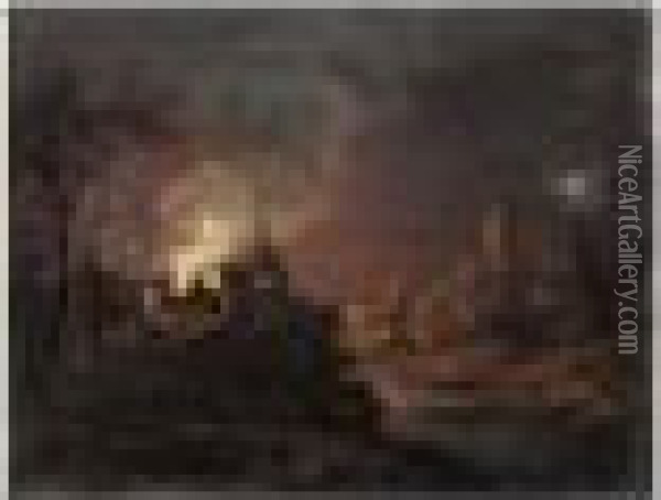 Incendie Au Clair De Lune Pres D'une Riviere Oil Painting - Josepf Wright Of Derby