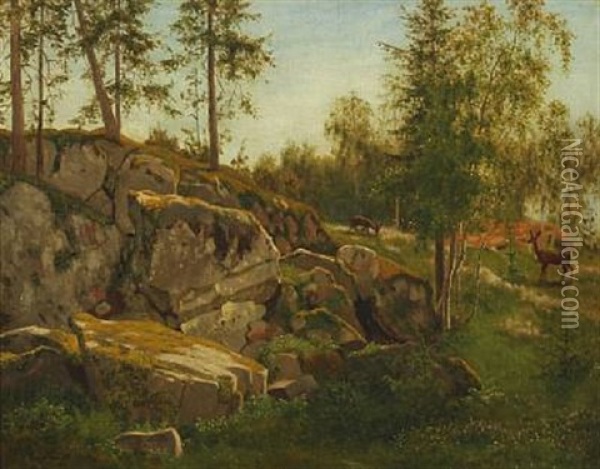 Landscape With Rocks And Grazing Deer Oil Painting - Carl Henrik Bogh