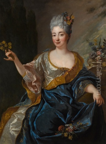 Portrait Of A Lady, Three-quarter-length, Holding Flowers Oil Painting - Jean Francois de Troy