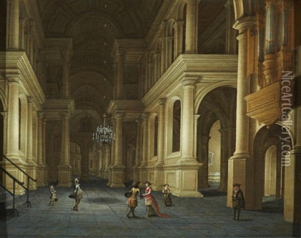 A Renaissance Palace Interior With Elegant Figures Oil Painting - Antonie de Lorme