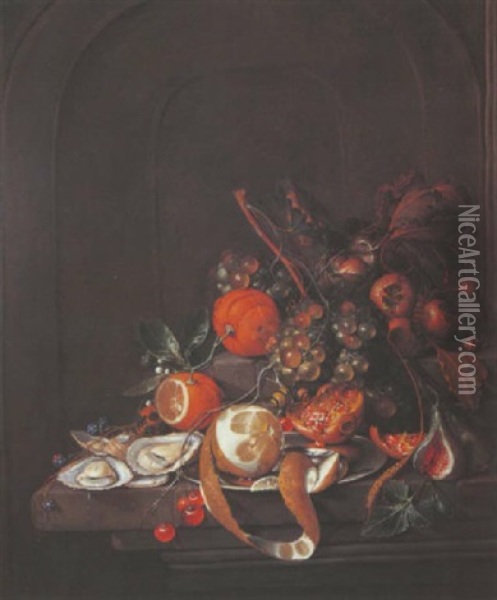 Nature Morte Aux Raisins, Citron, Oranges Et Nefles Sur Un Entablement Oil Painting - Cornelis De Heem