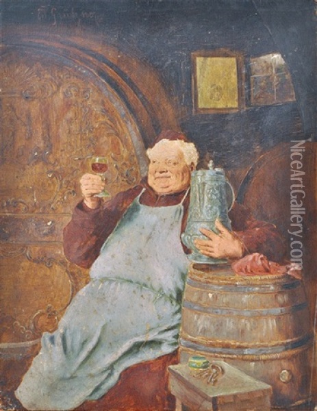 Monk Holding A Wine Glass Among Barrels Oil Painting - Eduard von Gruetzner