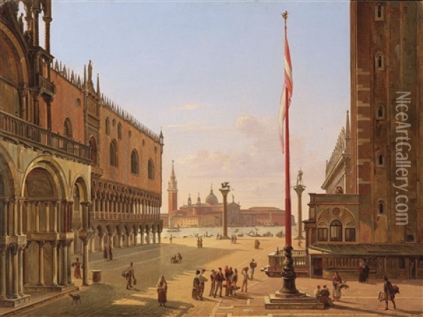 Venice, A View Of Saint Mark's Square; Venice, A View Of The Palazzo Ducale And The Riva Degli Schiavoni (pair) Oil Painting - Frans Vervloet