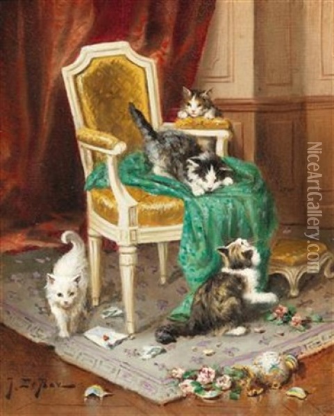 Playful Cats Oil Painting - Jules Leroy